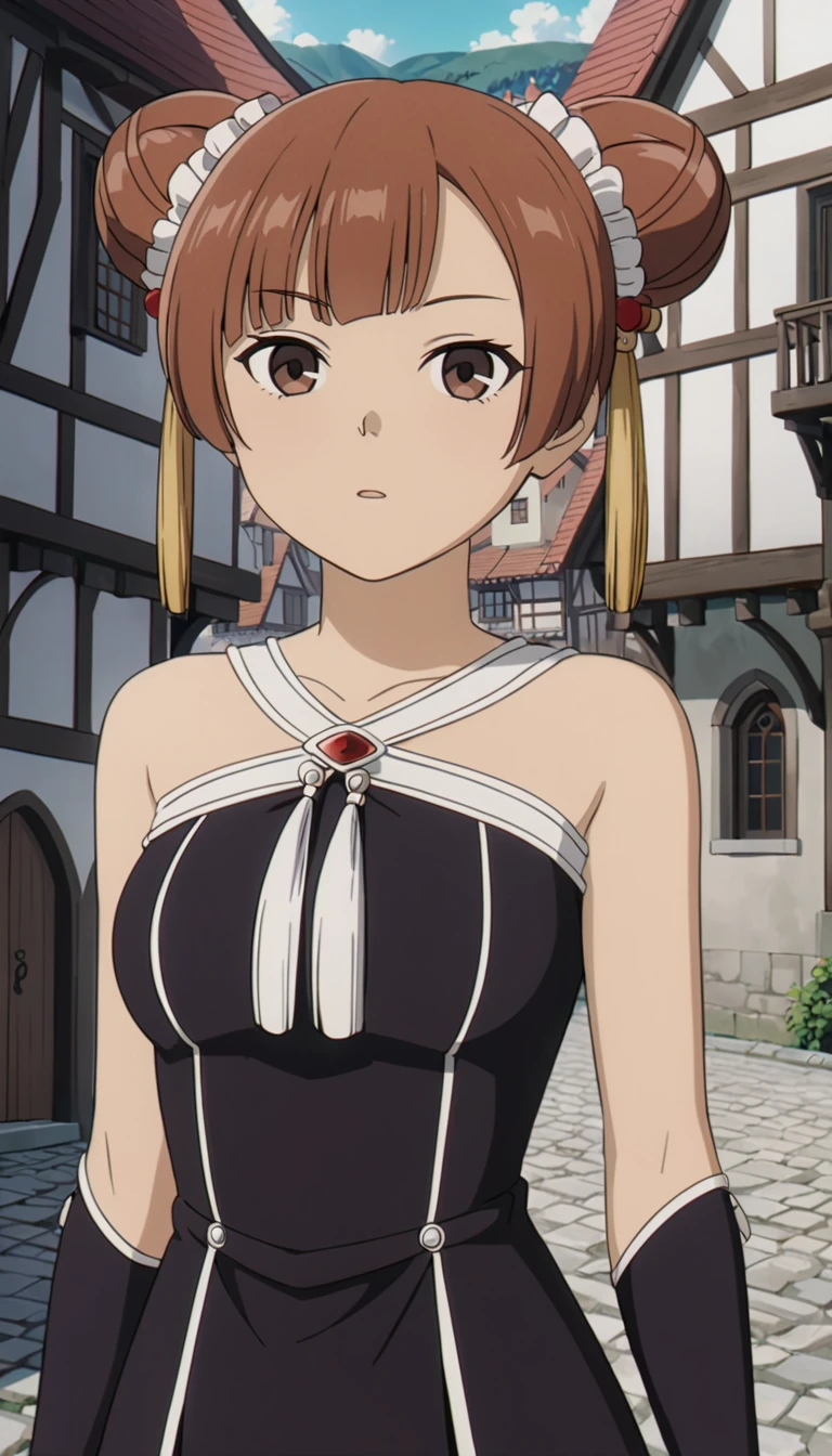 <lora:LaufenXL002>,<lora:DetailedEyes_V3:1.6>,looking at viewer,
solo,
anime screencap,
Laufen,1girl,brown hair,double bun,brown eyes,hair_ornament,
black dress,bare shoulders,
medieval town,