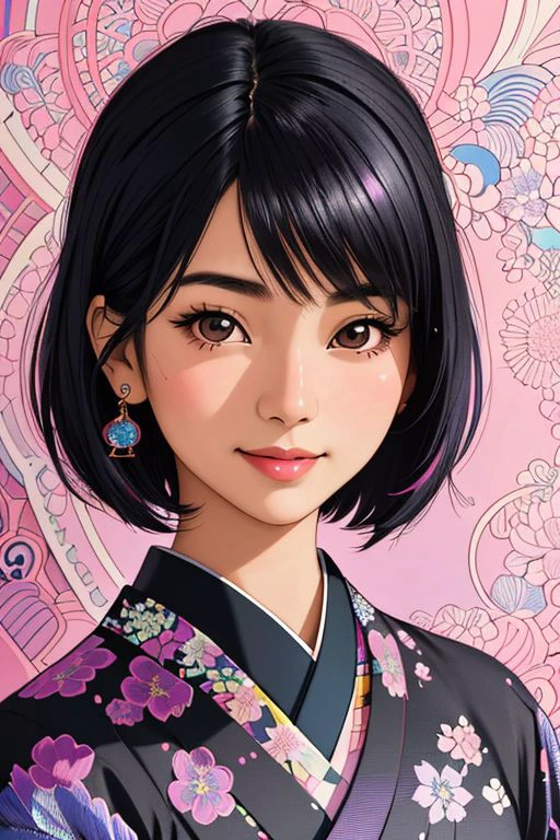 closeup, 1woman solo, a flat lineart illustration,super detailed,Super realistic,Portrait, solo, a young beautiful Japanese woman leaning against the colorful wall  printed batanial glowing patterns at traditional drawing room,kind smile,bangs,black pixie hair style, various detailed jewelry, detailed realistic clothes,only in four colors,a ncg,face