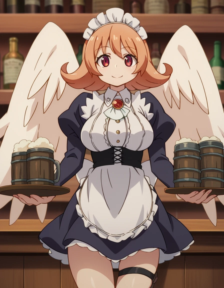 score_9, score_8_up, score_7_up, source_anime,
reviewermeidri, <lora:reviewer-meidri-ponyxl-lora-nochekaiser:1>
meidri, short hair, bangs, red eyes, orange hair, flipped hair, mature female,
long sleeves, dress, jewelry, frills, wings, puffy sleeves, apron, maid, maid headdress, thigh strap, juliet sleeves, brooch, white apron, feathered wings, maid apron, puffy long sleeves, white wings,
indoors, bar, tavern, tray, food, beer, mug, smile,
looking at viewer, dutch angle, cowboy shot,