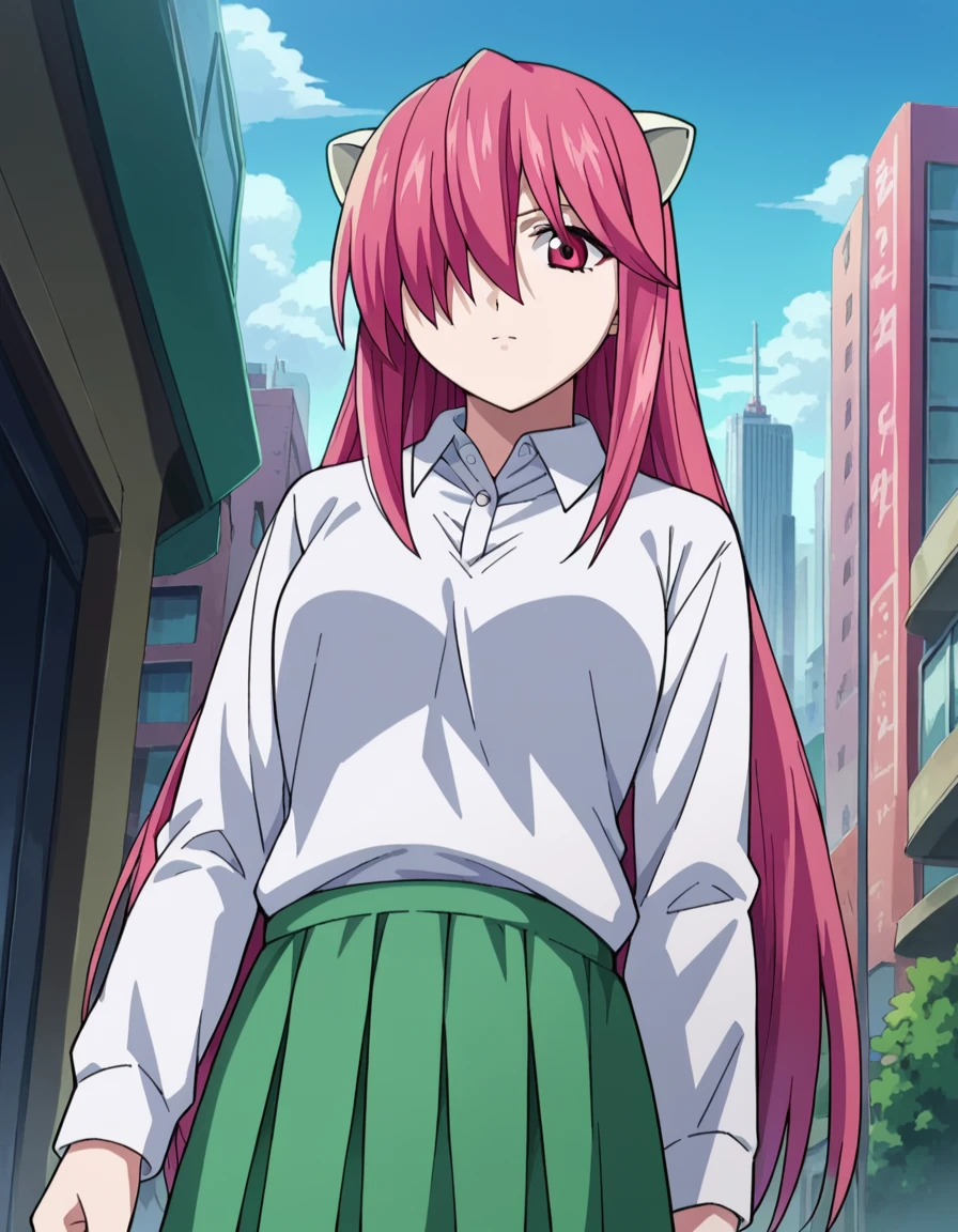 score_9, score_8_up, score_7_up, source_anime,
elfenliedlucy, <lora:elfen-lied-lucy-ponyxl-lora-nochekaiser:1>
lucy, long hair, pink hair, horns, pink eyes, hair over one eye,
long sleeves, sweater, skirt, green skirt, pleated skirt, shirt, white shirt, collared shirt, frills,
outdoors, cityscape,
looking at viewer, dutch angle, cowboy shot,