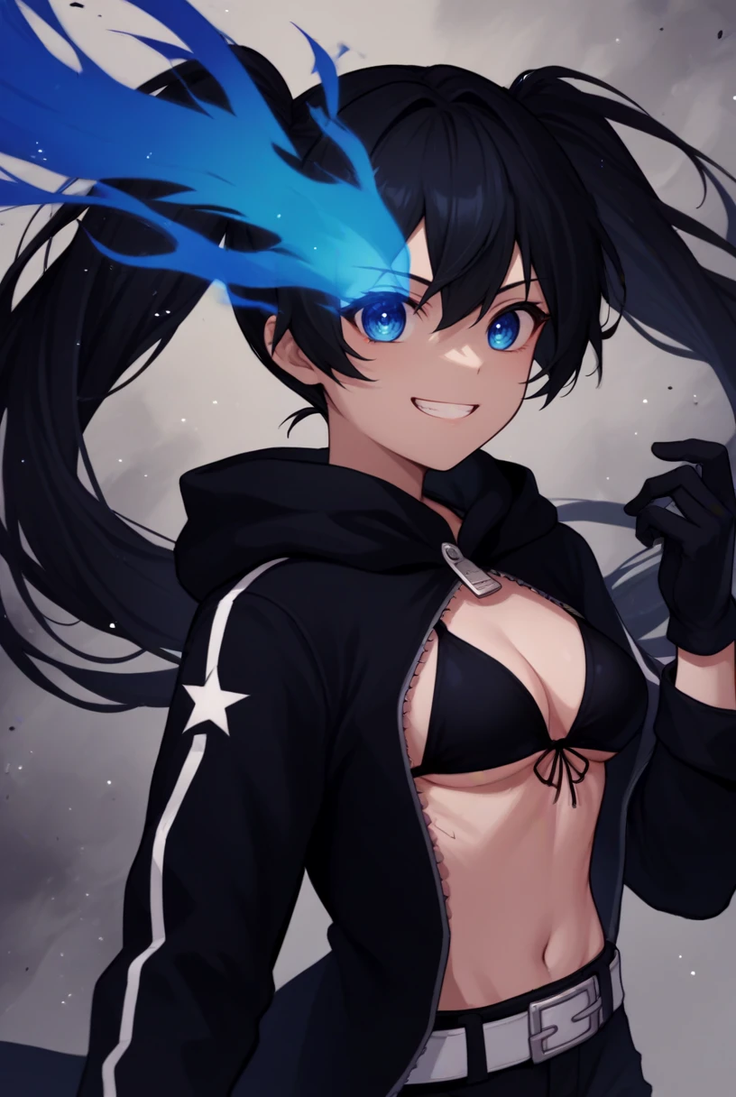 core_9, score_8_up, score_7_up,  source_anime, 1girl, solo, looking at viewer, upper body, holding flame, 
<lora:BRSPdxlDwnsty:1>,blue eyes, flaming eye, black hair, twintails, long hair, black jacket, bikini top only, black shorts, white belt, black gloves, 
medium breasts, grin, 
abstract background, pattern, spiral, steam, dark clouds, light particles, multicolored background,