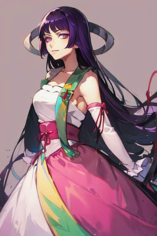 ASCII1girl, <lora:umi_featerine:0.8>, Purple hair, (purple eyes:1.0), long hair, hime cut, horns, pink dress, green sash