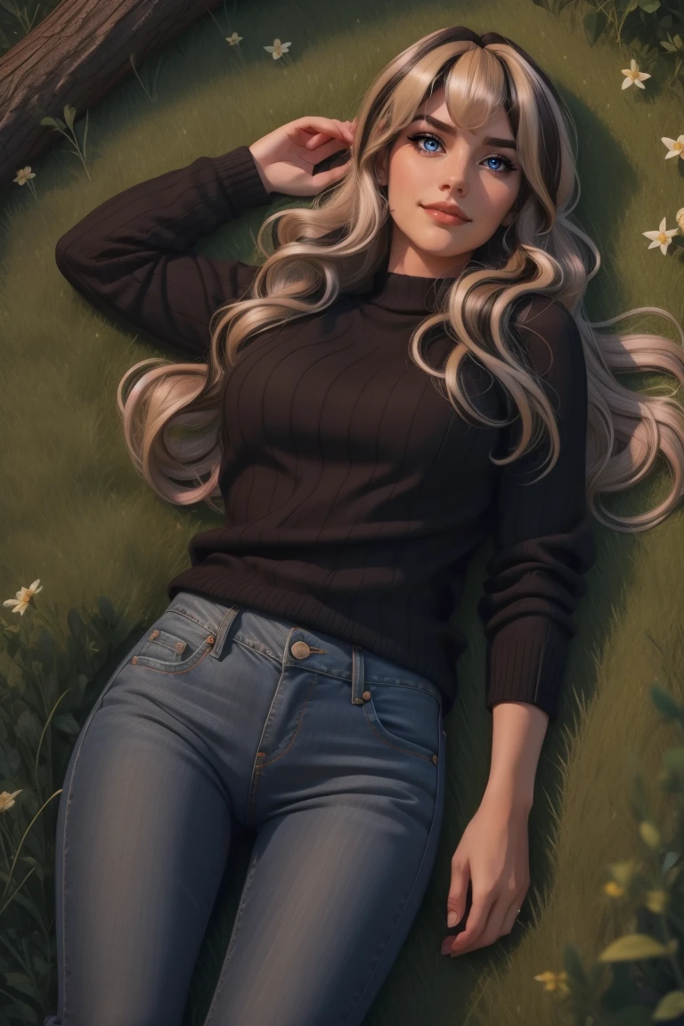 adult woman, 38 year old female, lying in grass, from above, sweater, jeans, nighttime, standing, cinematic, dramatic, 4k, HUD_TT_Wg_2, two-toned (brunette:1.2) and (blonde:0.9) wig,<lora:HUD_TT_Wg_2:0.65>, smirk