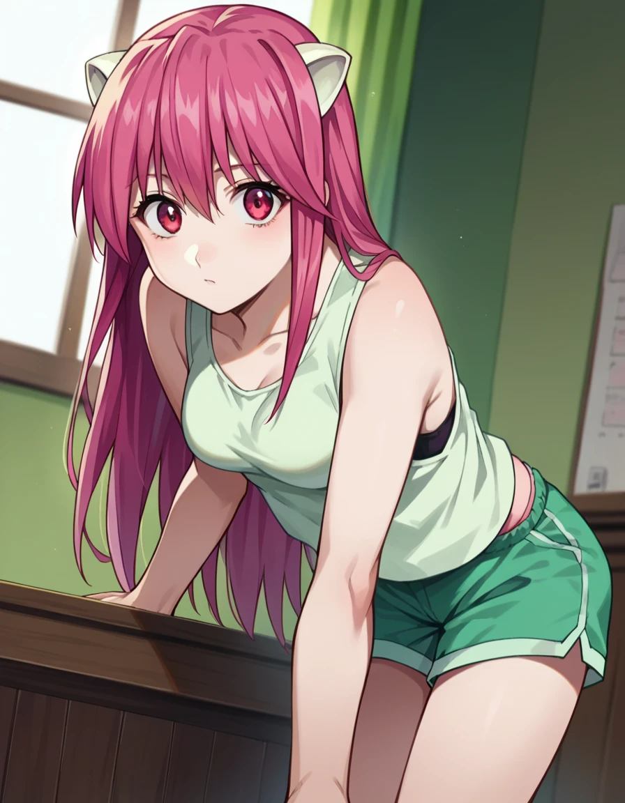 score_9, score_8_up, score_7_up, source_anime,
elfenliedlucy, <lora:elfen-lied-lucy-ponyxl-lora-nochekaiser:1>
lucy, long hair, pink hair, horns, pink eyes,
shorts, tank top, green shorts, white tank top,
indoors, bent over,
looking at viewer, dutch angle, cowboy shot,