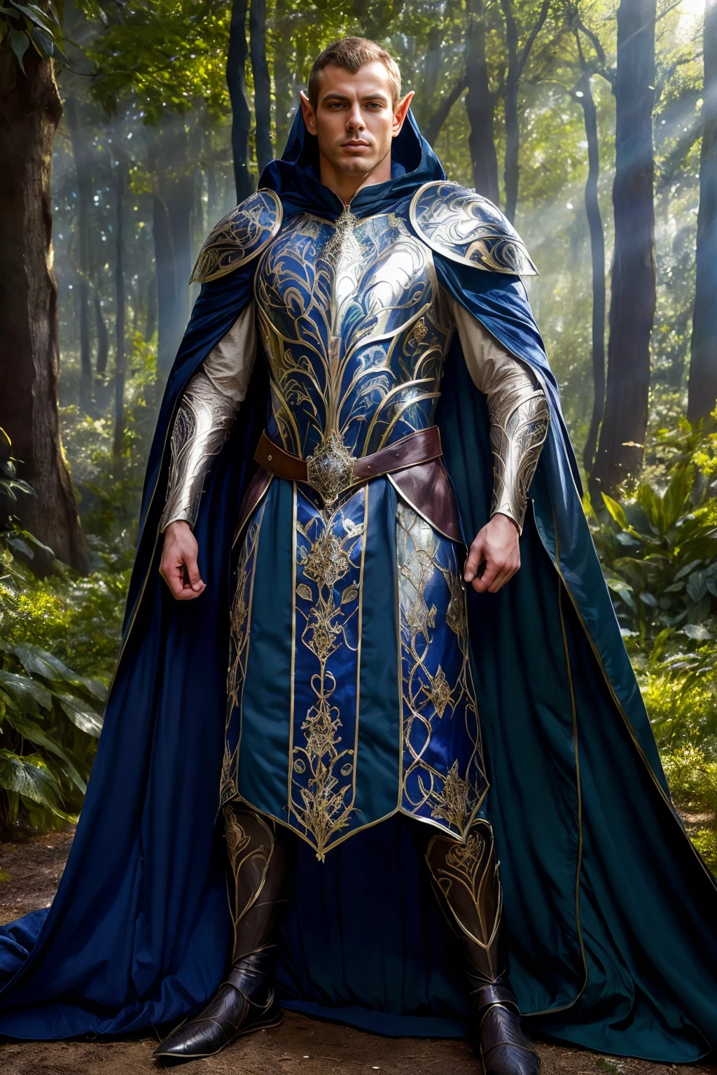 (full body), photo of JesseSantana, realism, forest background, dynamic pose, wearing intricate (royal blue and mother of pearl) armor, breastplate, belt, embroidered cloak, elar, <lora:JesseSantana-mature:0.8>, heroic posing, relaxed natural expression, elar, <lora:ElvenArmor-10:0.65>, professional light, cinematic lighting, ambient lighting, <lora:add_detail:0.3>