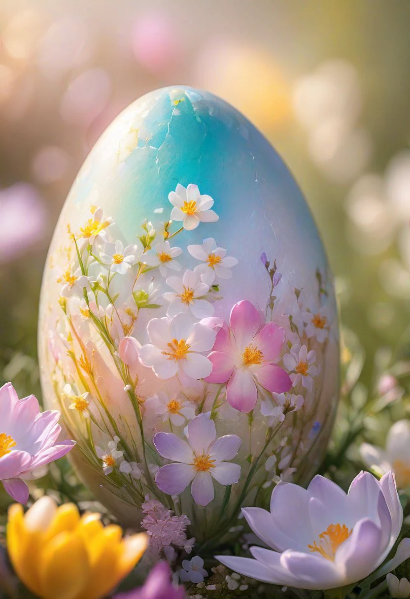 Easter egg embodying the concept of rebirth, cracked surface revealing emerging, pastel colors dominate the scene, backlight casting a heavenly glow, nestled in a bed of vibrant spring flowers, soft-focus background, bokeh effect, natural light, ultra-fine details, digital painting.