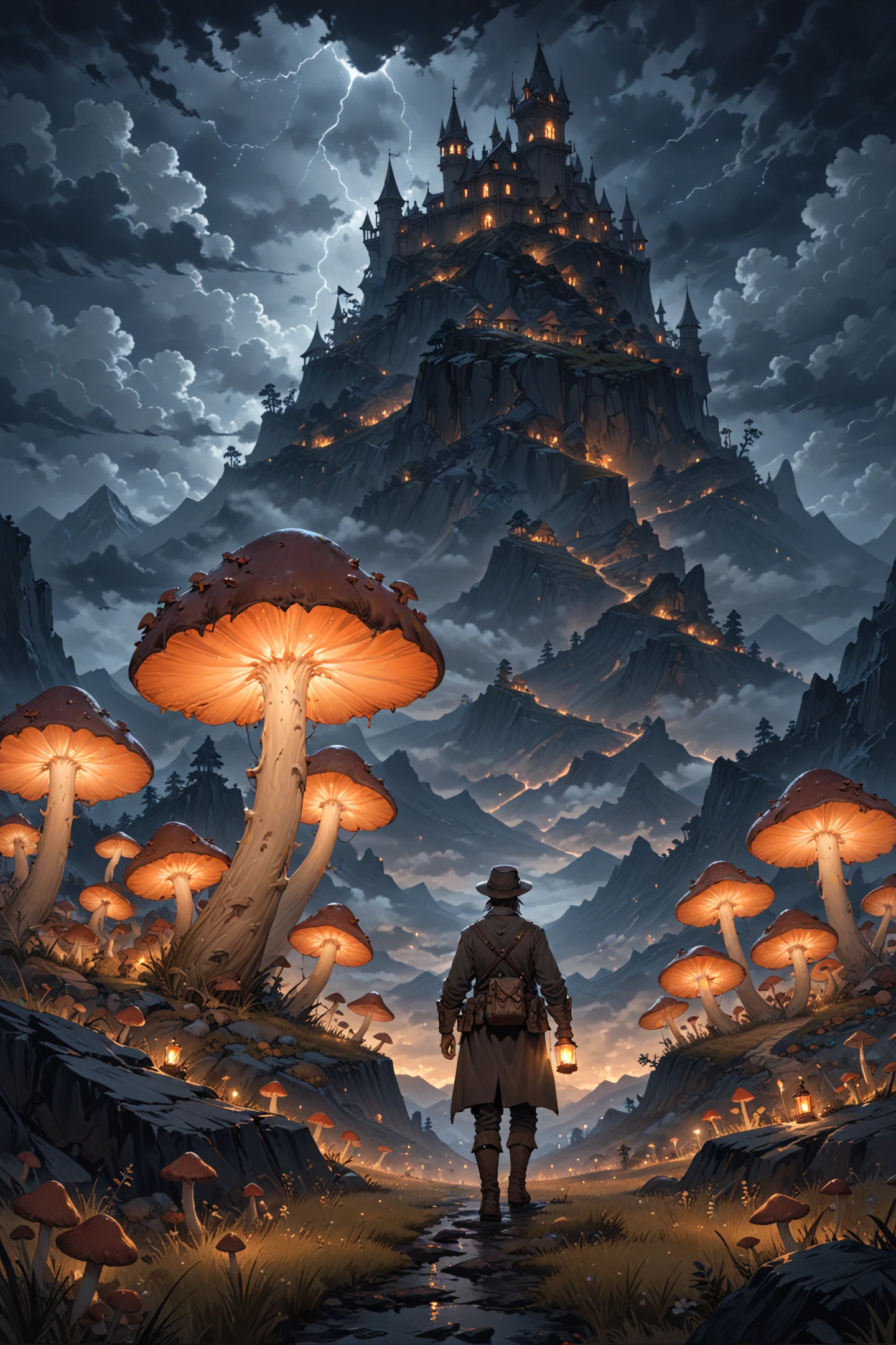 night time scene, seen from behind, victorian explorer holding a lantern on his right hand , landscape covered with giant-tall-mushrooms all over , mountains . dark sky with angry clouds, extreme detail, cinematic film grain