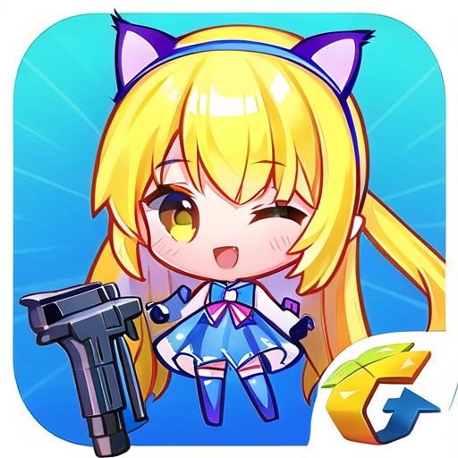 <lora:gmic_gameicon1-000014:1>,a girl with a gun and a cat on her head and a blue background with a white arrow and a red and white arrow, 1girl, ;d, animal ears, blue background, blue bow, blue ribbon, bow, cat ears, chibi, dress, hairband, long hair, one eye closed, open mouth, smile, solo, thighhighs