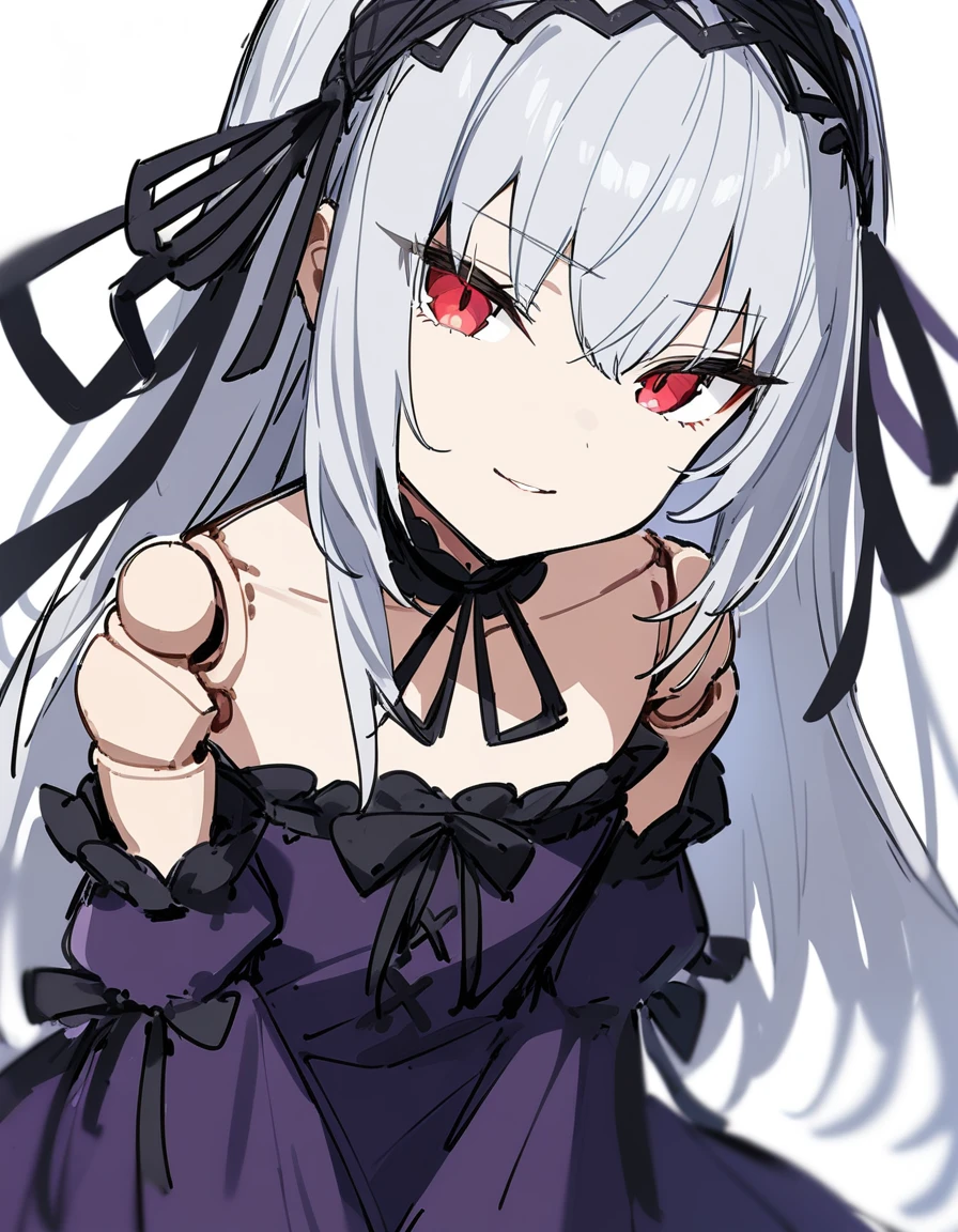 1girl, solo, suigintou, rozen maiden, sketch, 
long hair, silver hair, red eyes, flat chest, doll joints, seductive smile, dress, hairband, 
white background, 
masterpiece, best quality, very aesthetic, absurdres,