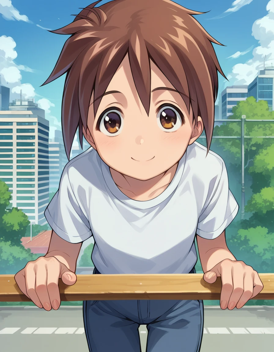 score_9, score_8_up, score_7_up, source_anime,
bokunochico, <lora:boku-no-chico-ponyxl-lora-nochekaiser:1>
chico, short hair, brown hair, brown eyes, smile,
shirt, white shirt, pants,
outdoors, cityscape, bent over,
looking at viewer, dutch angle, cowboy shot,