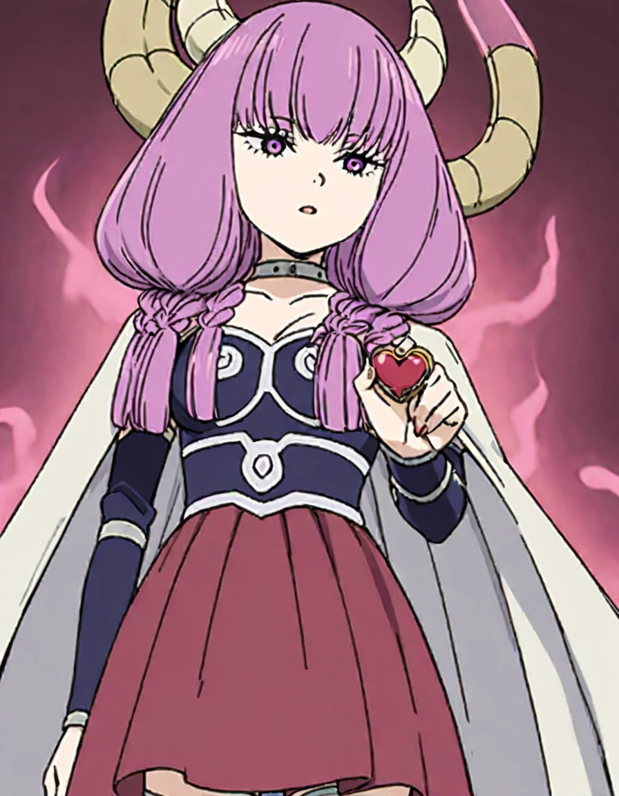 girl, aura, sousou no frieren, long, flowing pink hair, curved horns protruding from her head, striking purple eyes, elegant, dark blue armor decorated with gold accents and white gemstones, deep crimson cape, thigh-high boots, carries a unique scale that holds a heart-shaped weight in her hand, <lora:aura_SDXL_v1.0:1>
