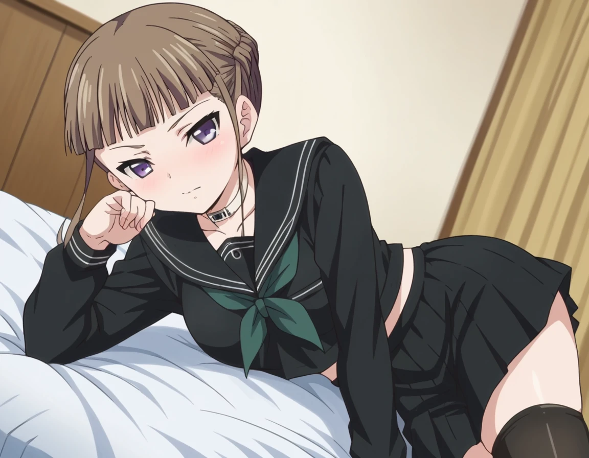 score_9, score_8_up, score_7_up, source_anime,
nemumanaka, <lora:nemu-manaka-ponyxl-lora-nochekaiser:1>
nemu manaka, brown hair, sidelocks, purple eyes,
skirt, thighhighs, long sleeves, school uniform, serafuku, choker, black thighhighs, black skirt, collar, zettai ryouiki, black serafuku,
indoors, bed, bed room, on side, blush, drunk,
looking at viewer, dutch angle, cowboy shot,