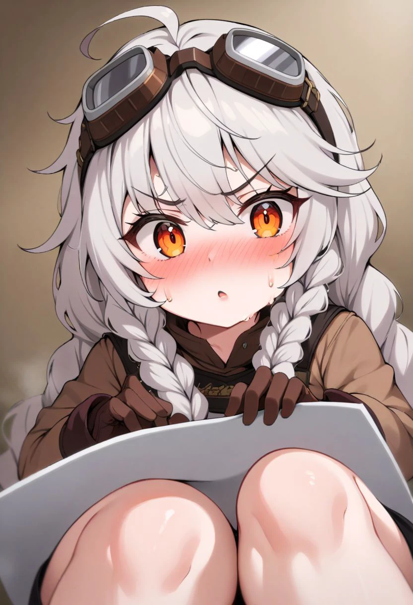 Wrenna_Ilias, 1girl, braid hard, gloves, solo, goggles_on_head, goggles, long_hair, sitting, shorts, grey_hair, small breasts, twin_braids, sweat, brown_gloves, thighs, looking_at_viewer, random action, random expression, thick_thighs, very_long_hair, ahoge, blush, 50mm photograph, 8k, masterpiece, high detail.