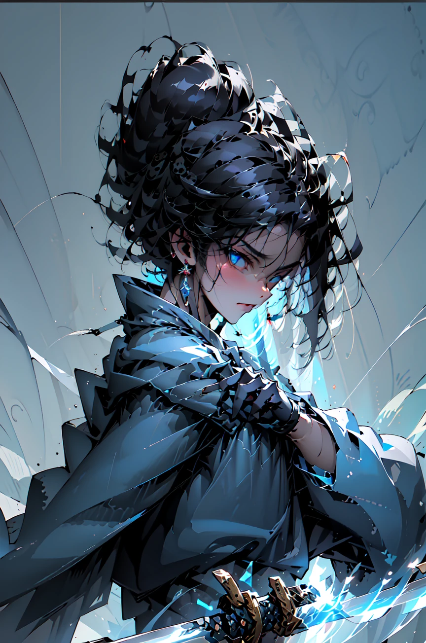 (masutepiece, of the highest quality, Highest Quality, Detailed and Intricicated, Official art, Beautiful and aesthetic:1.3), (1 girl:1.3), Long Black Hair, Beautiful Japan face, Big eyes, ((The pupil of the right eye has a blue dragon emblem)), The left eye is black, ((blue cape)), ((blue scarf)), ((On his left hand ((In his left hand is a dagger with the power of lightning.)) , ((Right Arm Wind Gauntlet)), White shirt, thighs thighs thighs thighs, ((Boots for flying with feet)), Black hair, Hair on the shoulders, Mismatched pupils, mismatched sclera, Iconic pupils, surrealism, Character Chart, Reference Sheet, Tachi-e, Ticker, masutepiece, ((blue cloak)), ((blue scarf)) Anatomically correct, Textured skin, high detailing, awardwinning, Best Quality, High resolution, hard disk, High quality