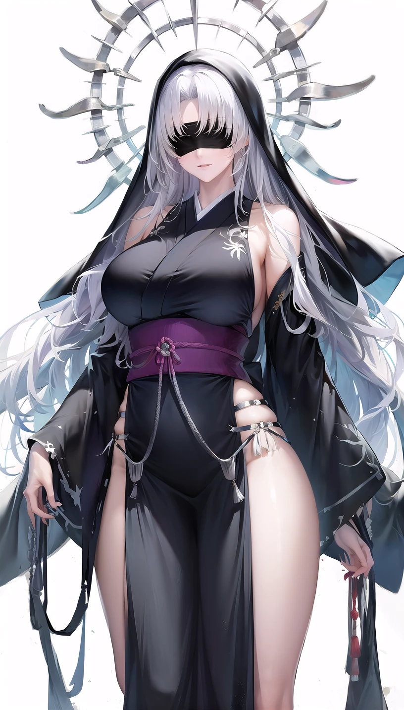 nox-hairstyle,halo,black blindfold,white hair,forehead,
(japanese clothes:1.28),
lady,mature female, cowboy shot,
(white background, simple background:1.18),
highres,official art,original,masterpiece,best quality,
(large breasts),
 <lora:noxpi2:0.8>