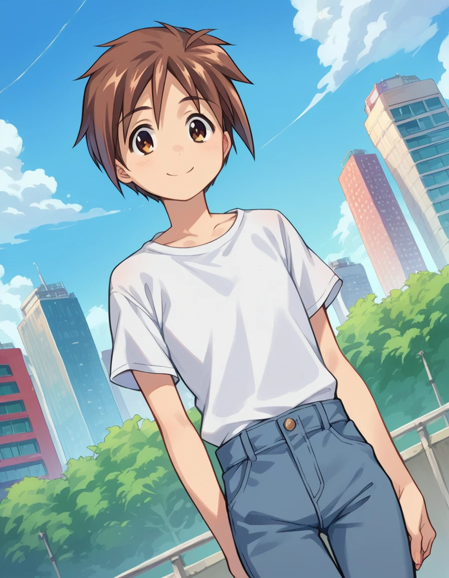 score_9, score_8_up, score_7_up, source_anime,
bokunochico, <lora:boku-no-chico-ponyxl-lora-nochekaiser:1>
chico, short hair, brown hair, brown eyes, smile,
shirt, white shirt, pants,
outdoors, cityscape,
looking at viewer, dutch angle, cowboy shot,