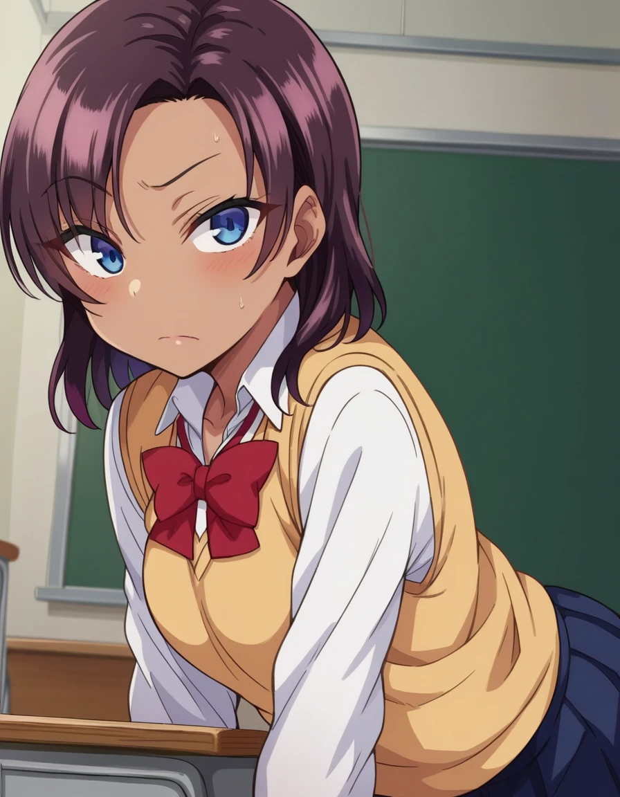 score_9, score_8_up, score_7_up, source_anime,
saehinata, <lora:sae-hinata-ponyxl-lora-nochekaiser:1>
sae hinata, blue eyes, purple hair, dark skin, dark-skinned female,
shirt, bow, school uniform, white shirt, collared shirt, bowtie, red bow, sweater vest, brown sweater, skirt, blue skirt,
indoors, classroom, bent over,
looking at viewer, dutch angle, cowboy shot,