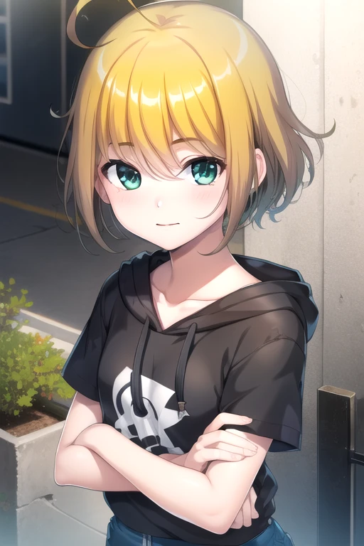 ((masterpiece)),(best quality),official art,extremely detailed CG,unity 8k wallpaper,ultra detailed,beautiful detailed eyes,extremely detailed face,outdoors,1girl,solo,upper body,(portrait:1.5),looking at viewer,facing viewer,smile,Enomiya Maki,ahoge,short hair,blonde hair,two-tone hair,shiny hair,gradient hair,hair between eyes,bangs,green eyes,collarbone,black hoodie,hood down,short sleeves,small breasts,blue shorts,shorts rolled up,bare legs,platform boots,black footwear,<lora:Enomiya Maki(gmly)>,