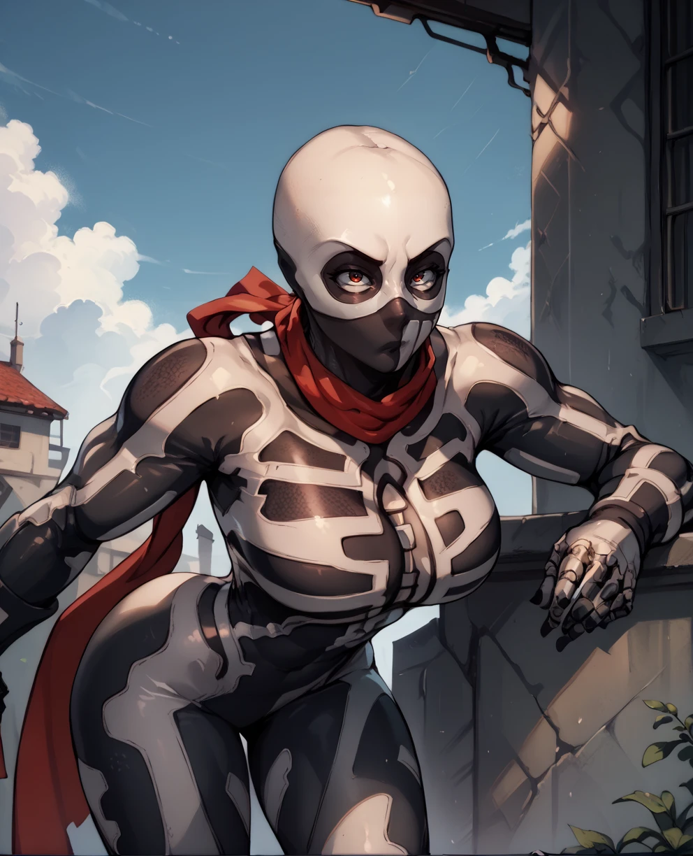 score_9,score_8_up,score_7_up,,
skullomaniaxl,skeleton print bodysuit,skin tight,long red scarf,mask,
hips,toned,cleavage cutout,large breasts,leaning forward,
standing,rooftop,<lora:Skullomania:1>,