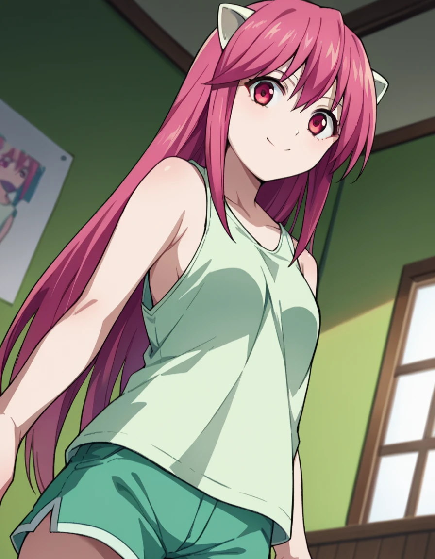 score_9, score_8_up, score_7_up, source_anime,
elfenliedlucy, <lora:elfen-lied-lucy-ponyxl-lora-nochekaiser:1>
lucy, long hair, pink hair, horns, pink eyes, smile,
shorts, tank top, green shorts, white tank top,
indoors,
looking at viewer, dutch angle, cowboy shot,