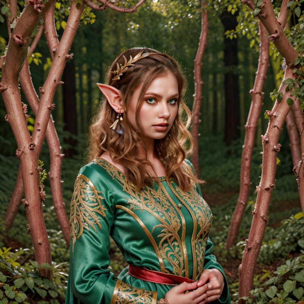 Mythical elf, princess, detailed forest background, intricate and ornate clothing, intricate details, best quality, soft lighting, pointy ears <Briana_banks:1> <2024_DBZ_World:0.41> <Gargoyles_comic 16epoc:0.62>