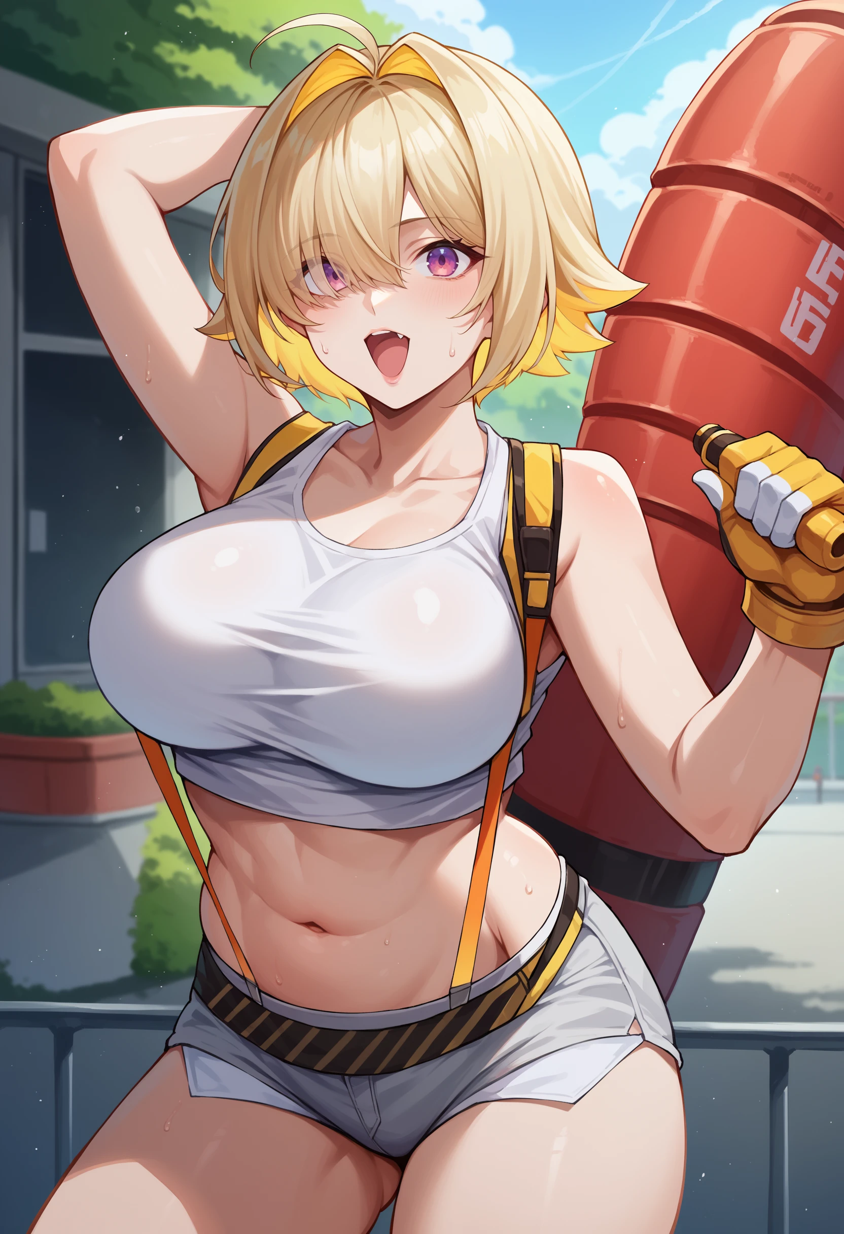 ((topless)), nsfw, masterpiece, 1 girl, erect nipples, intricately detailed, navel, bare shoulders, blonde hair, hard hat, construction site, towel on neck, wiping sweat, baggy pants, cargo pants, extremely detailed, bare breasts, puffy nipples, blue eyes, bare stomach, sweaty, medium breasts, arm strap, cowboy shot, holding sledgehammer, , chain, soft eyes, smiling, day, belt, rubble, short hair, open mouth, hairband