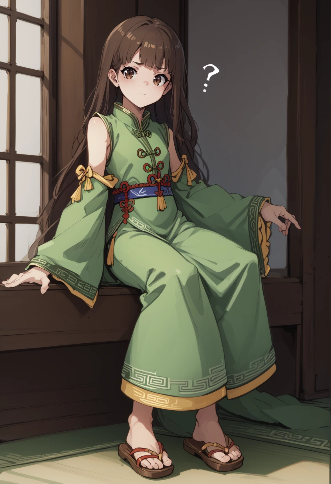 girl, solo, long hair, brown hair, brown eyes, single sidelock, chinese clothes, green dress, long sleeves, wide sleeves, detached sleeves, yellow skirt, looking at viewer, confused, indoors, chinese palace, sandals,<lora:KakureEriaPDXL-(jack cat) :0.8> <lora:Lymsleia_Falenas_Suikoden_V_XLv2:1>, score_9, score_8_up, score_7_up, score_6_up, score_5_up, score_4_up, BREAK source_anime, masterpiece