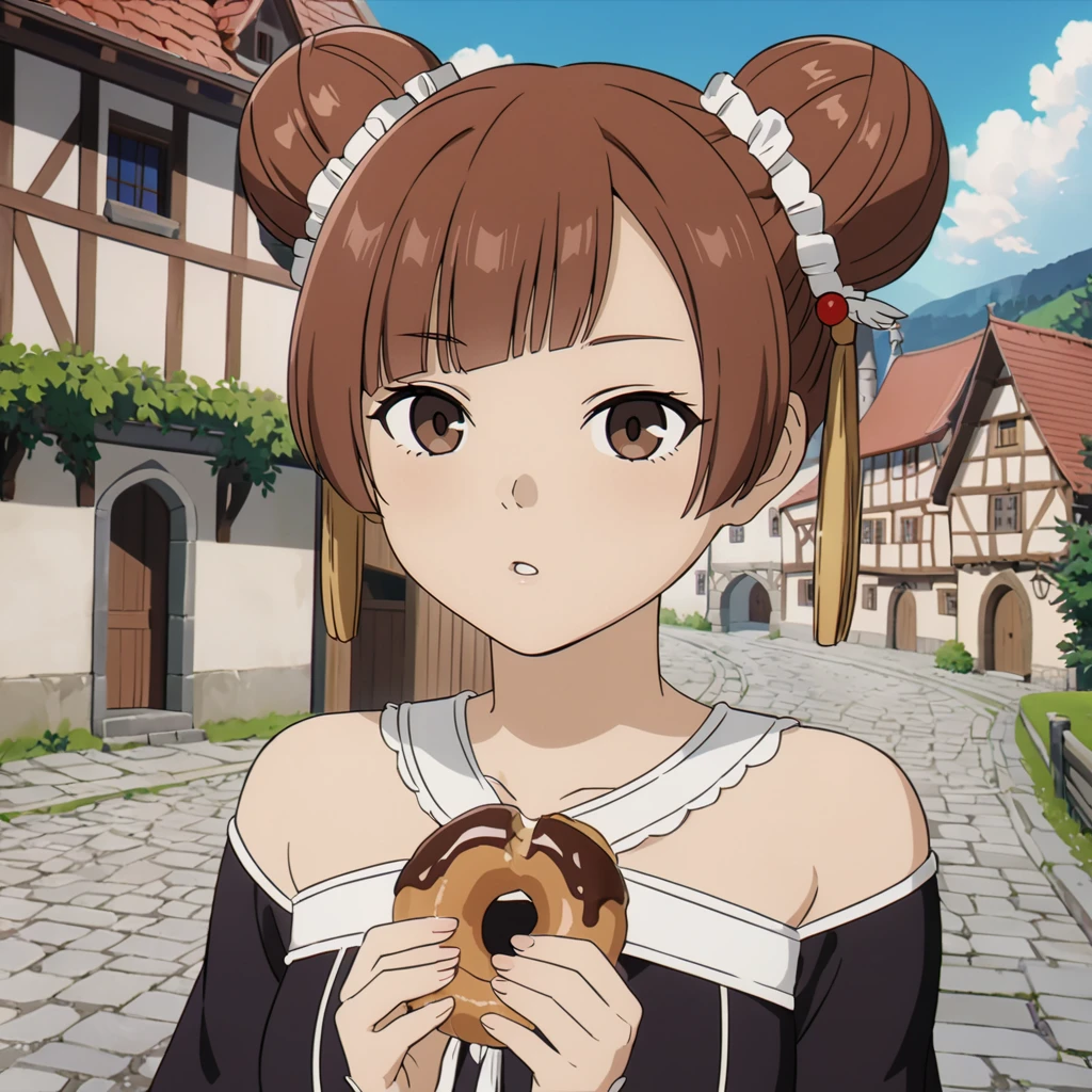 <lora:LaufenXL002>,<lora:DetailedEyes_V3:1.6>,looking at viewer,
solo,
anime screencap,
Laufen,1girl,brown hair,double bun,brown eyes,hair_ornament,
black dress,bare shoulders,
medieval town,doughnut,eating,parted lips,holding,