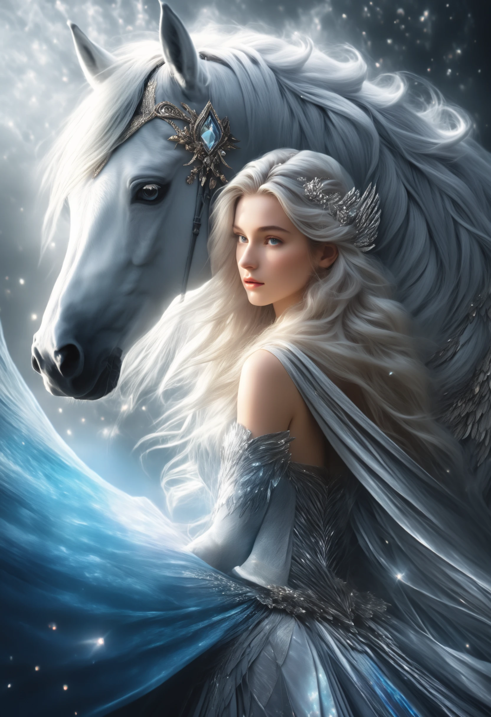 Craft an unparalleled 32K UHD photograph, a masterpiece set in a mesmerizing fantasy realm. Central to this domain, a 19-year-old girl exudes an ethereal grace. Her hair, a cascade of soft silver, shimmers like woven moonbeams, contrasting with her royal grace, she is riding a unicorn, which hint at her enigmatic heritage. her fancy cloth a testament to her dual existence, merging flawlessly with her captivating allure. beside Her , pale and finely detailed, tell a silent tale of her demonic ancestry; each line and curve is a subtle echo of her ancient lineage. on her shoulder, a majestic Griffin stands, its presence both noble and mysterious. Their bond is palpable, a blend of innocence and ancient mysticism. The scene is awash in a sublime natural light, which not only illuminates but also transcends the surreal elements of this otherworldly setting. The light plays through her hair, accentuates the dramatic curve of her hair, and bathes her Griffin companion in a noble radiance, against a backdrop vibrant and ethereal. This composition masterfully balances light and shadow, lending depth and a tangible texture to every element. This photograph transcends mere visual appeal; it's an odyssey into a realm where reality and fantasy merge. The viewer is not just an observer but is drawn into a world where beauty, mystery, and joy intertwine, embodied by this wizard girl and her mythical Griffin. It captures not just a moment, but the very essence of their otherworldly existence, frozen in time. in style of P14n03l3g4nt3b0n3