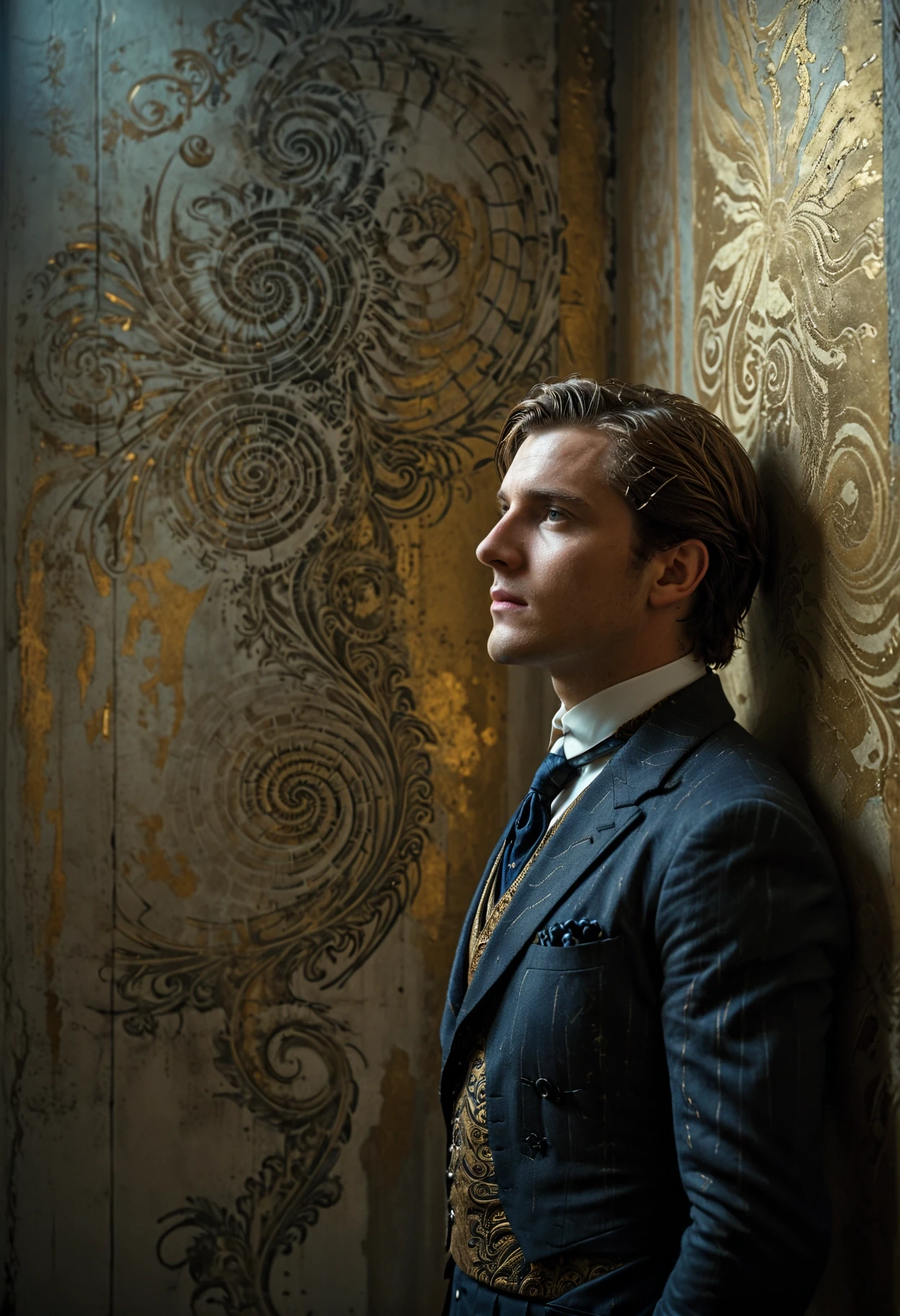 cinematic film still cinematic photo Golden ratio, Swirling, Geeky strong Regency Brother, Leaning back, cinematic, highly detailed, multidimensional, RTX, A golden ratio image depicts a regency brother, leaning against a wall in deep thought. He is dressed in a suit and tie, reflecting his strong character. The background features swirling patterns, adding depth to the scene. This image appears to be highly detailed and cinematic, likely created using RTX technology for enhanced visual effects. The overall composition suggests a complex narrative with multiple layers to explore.  . 35mm photograph, film, bokeh, professional, 4k, highly detailed . shallow depth of field, vignette, highly detailed, high budget, bokeh, cinemascope, moody, epic, gorgeous, film grain, grainy