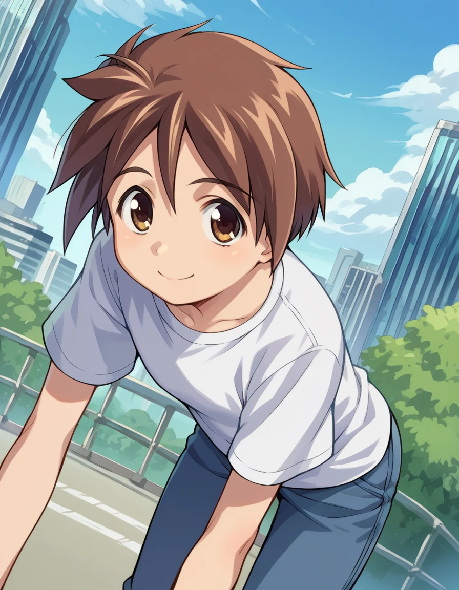 score_9, score_8_up, score_7_up, source_anime,
bokunochico, <lora:boku-no-chico-ponyxl-lora-nochekaiser:1>
chico, short hair, brown hair, brown eyes, smile,
shirt, white shirt, pants,
outdoors, cityscape, bent over,
looking at viewer, dutch angle, cowboy shot,