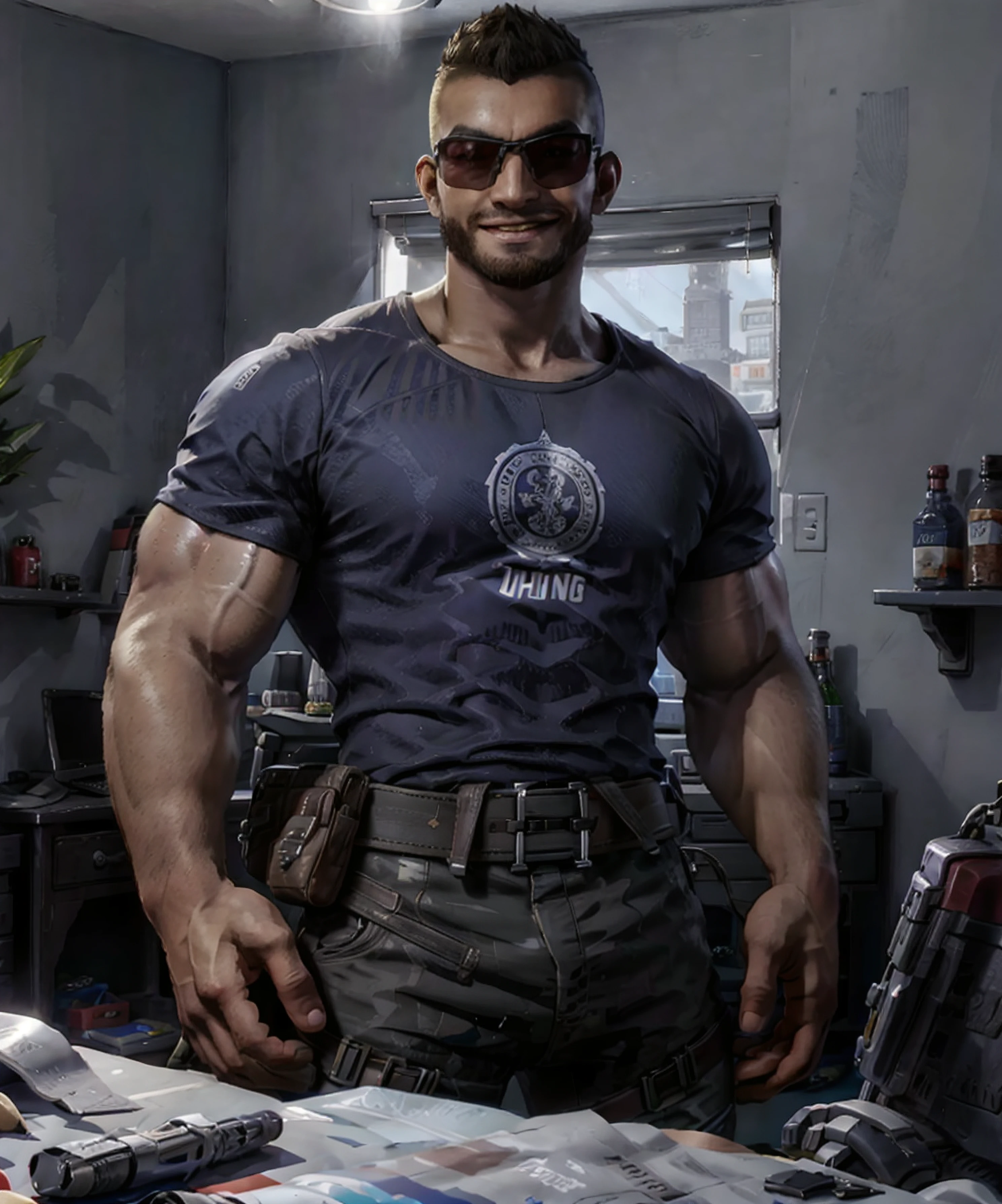 fahz_chutani, standing, t-shirt, short, muscular, looking at viewer, bedroom, sunglasses, happy <lora:Fahz_Chutani:0.8>
