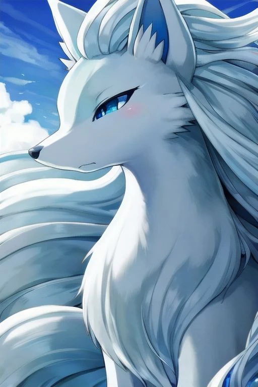 Alolan Ninetales, youjomodoki art style, feral, close shot, beautiful sky, :<, beautiful eyes, detailed, full body, blue eyes