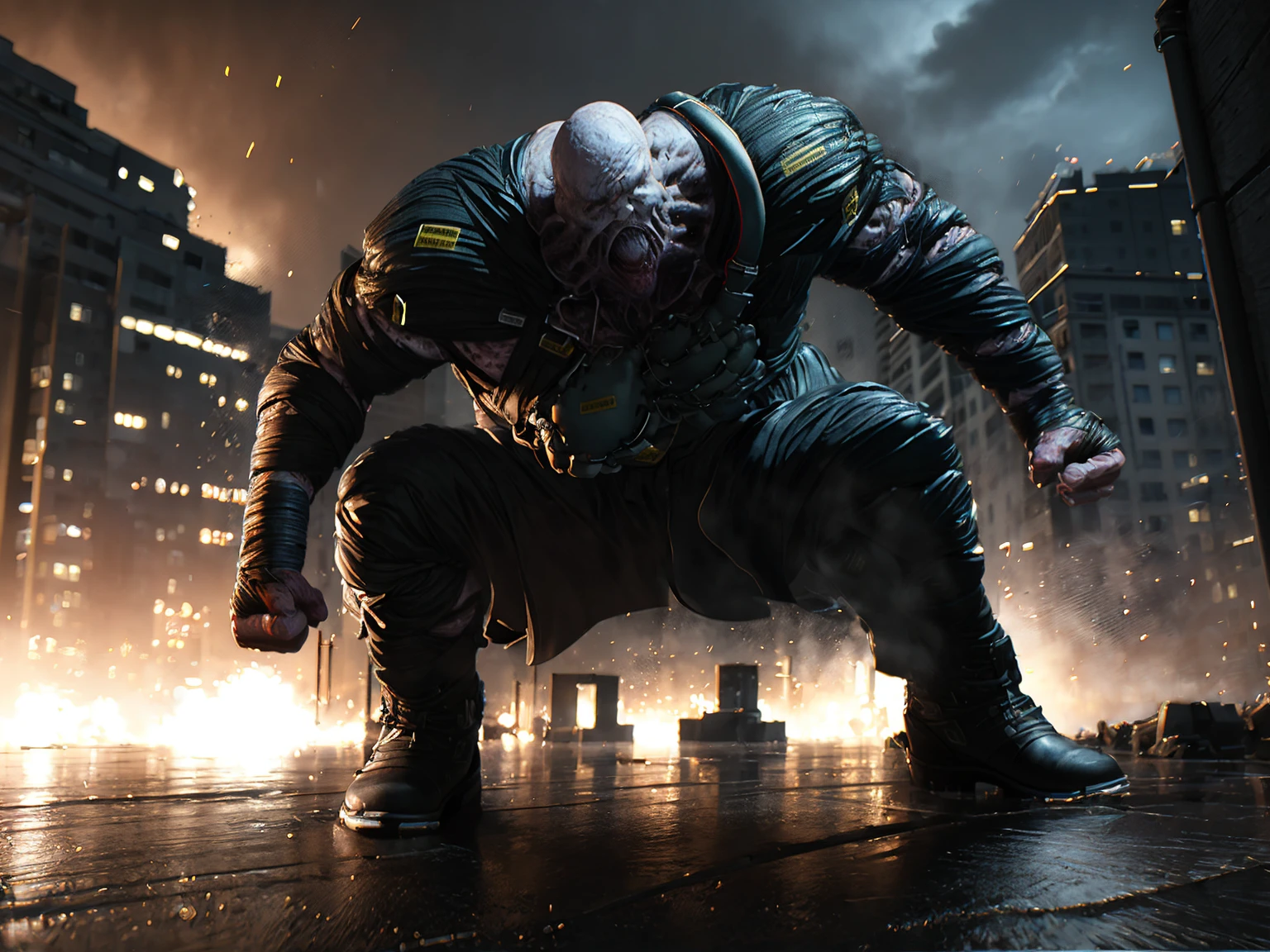 masterpiece, best quality, realistic, detailed background,night,city
nemesis,solo,(looking at viewer:1.2),full body,(squatting),roaring,open mouth,fist,outstretched arms, <lora:Nemesis:1>