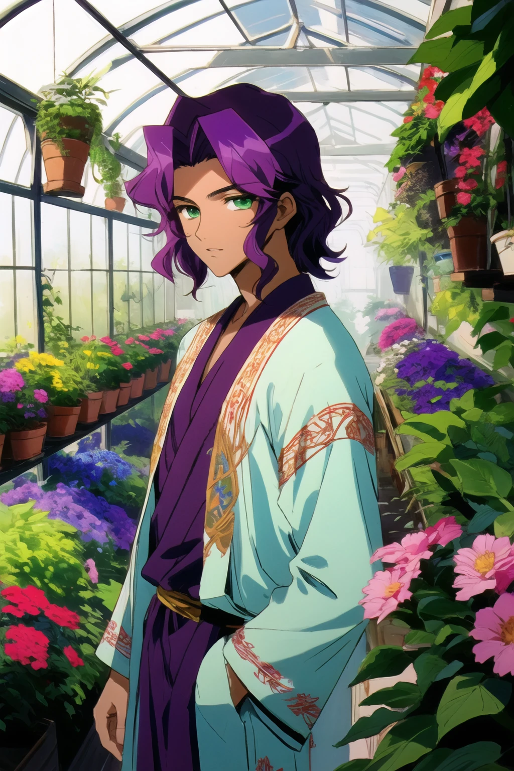 utenaki, young man, mamiya, dark skin, (short wavy purple hair), green eyes, embroidered robe, <lora:utenaki1:1.0>, interior greenhouse with colorful flowers