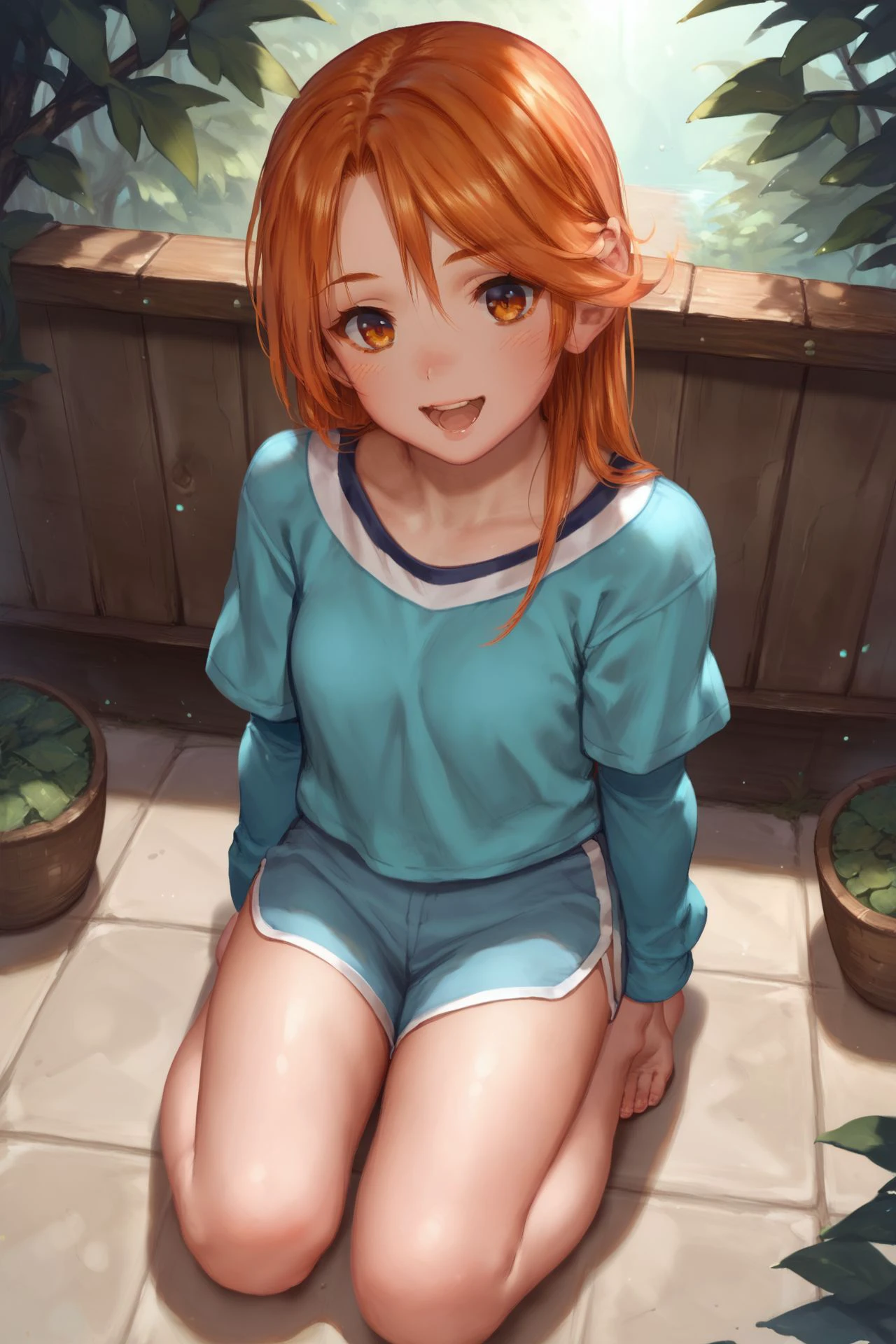 score_9, score_8_up, score_7_up, 1girl, happy, kneeling, bronze hair, straight-across bangs, orange eyes, aqua clothes, night <lora:hado_PonyXL_style_v01:1>