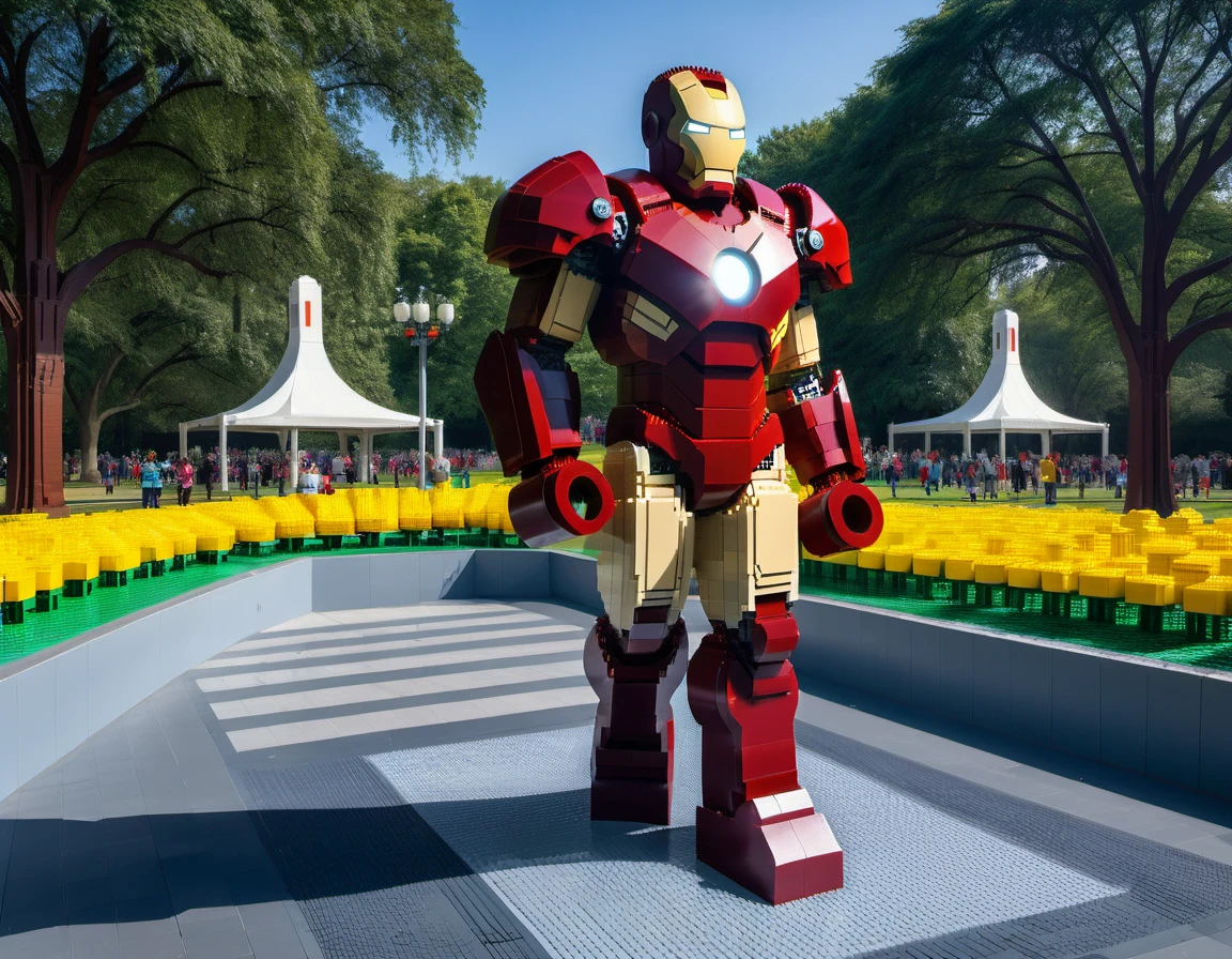 LegoRay, full size lego statue of Iron Man, background in a park