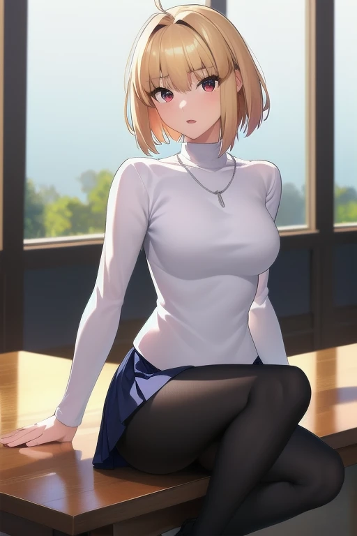 (masterpiece, best quality, 8k, highly detailed, highres, ultra-detailed, perfect eyes), 1girl, solo, arcueid, blonde hair, short hair, red eyes, sweater, white sweater, necklace, pleated skirt, blue skirt, leggings, (black leggings:1.2), boots, brown boots, <lora:Arcueid_Brunestud__Tsukihime:0.8>, sitting