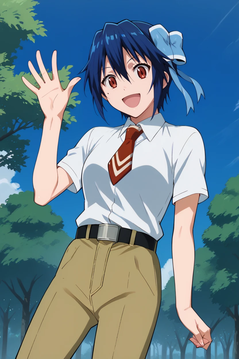 score_9, score_8_up, score_7_up, score_6_up, 1girl, solo BREAK <lora:tsugumi-pdxl-nvwls-v1-000006:1> tsugumi seishirou, mole under eye, blue hair, hair bow, white shirt, collared shirt, short sleeves, red necktie, belt, brown pants, open mouth, happy, blue sky, waving, tree, looking at you