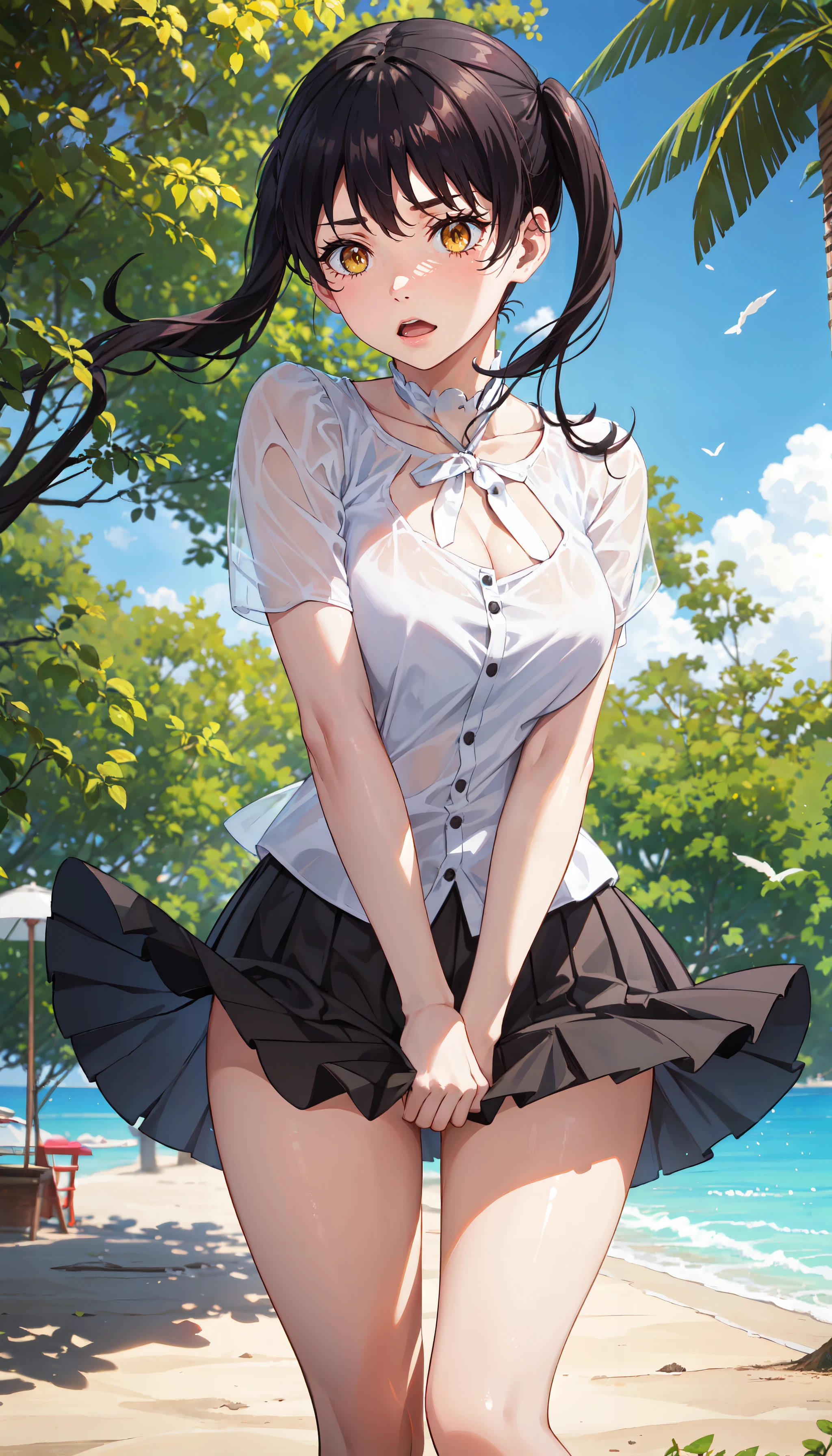 photorealistic, (4k), depth of field, (Masterpiece), (realistic skin texture), extremely detailed, intricate, hyper detailed, professional photography, bokeh, high resolution, sharp detail, best quality, girl, black hair, short twintails, bangs, yellow eyes, blouse, pleated skirt, <lora:GoodHands-vanilla:0.4>, <lora:detail_slider_v4:0.8> , dynamic pose, <lora:Tamaki Kotatsu:0.7> , beach, summer, vacation, embarrassed, surprised, panicking, wind, skirt tug, crossed ankles, wind lift, holding skirt down,  <lora:wind_lift:0.6> wind lift