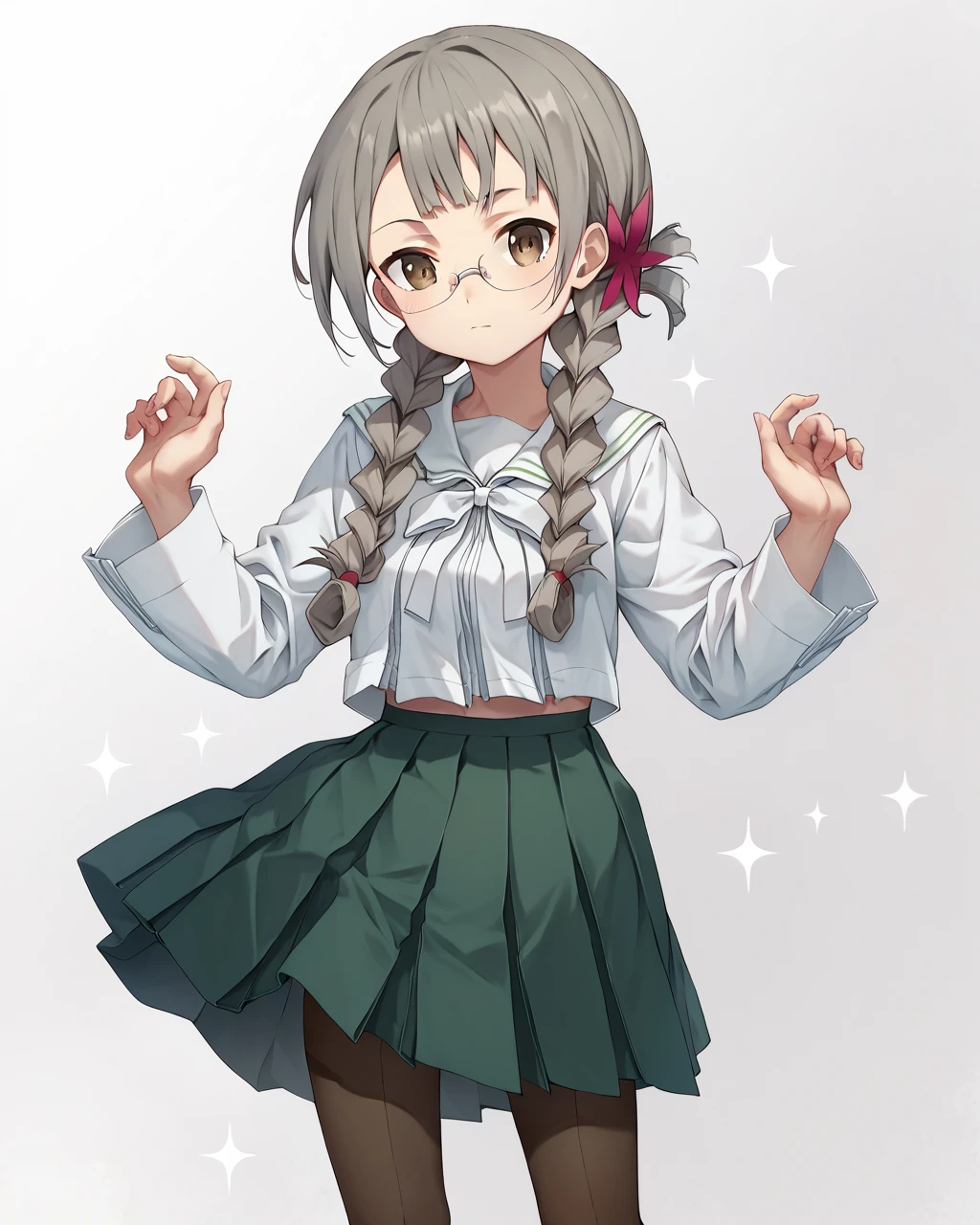 score_9, score_8_up, score_7_up,
<lora:Hanamoto_Yoshika_PONY:1>,mika hanamoto,1girl, solo,glasses, long hair, twin braids,hair ornament,hair flower,brown eyes, grey hair, bangs, ribbon, hair over shoulder, pantyhose, school uniform,serafuku, green skirt, long sleeves, bow,shirt,