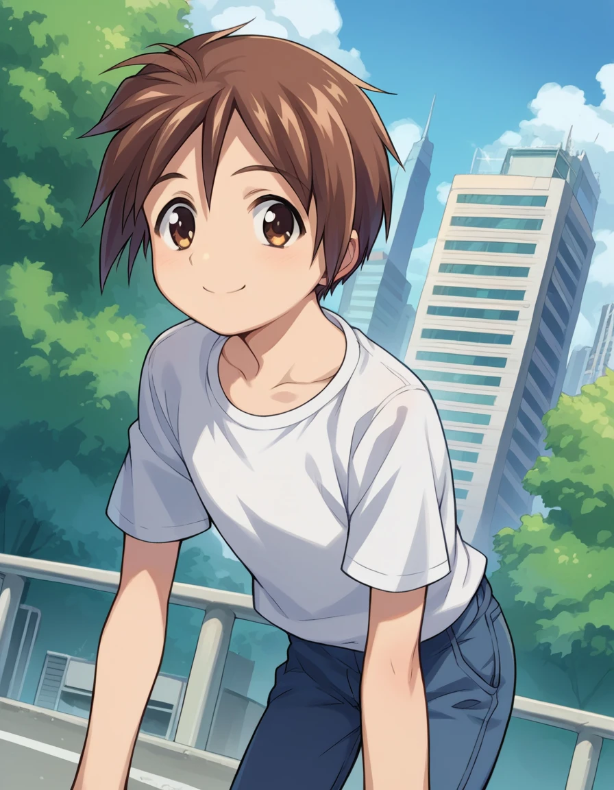 score_9, score_8_up, score_7_up, source_anime,
bokunochico, <lora:boku-no-chico-ponyxl-lora-nochekaiser:1>
chico, short hair, brown hair, brown eyes, smile,
shirt, white shirt, pants,
outdoors, cityscape, bent over,
looking at viewer, dutch angle, cowboy shot,