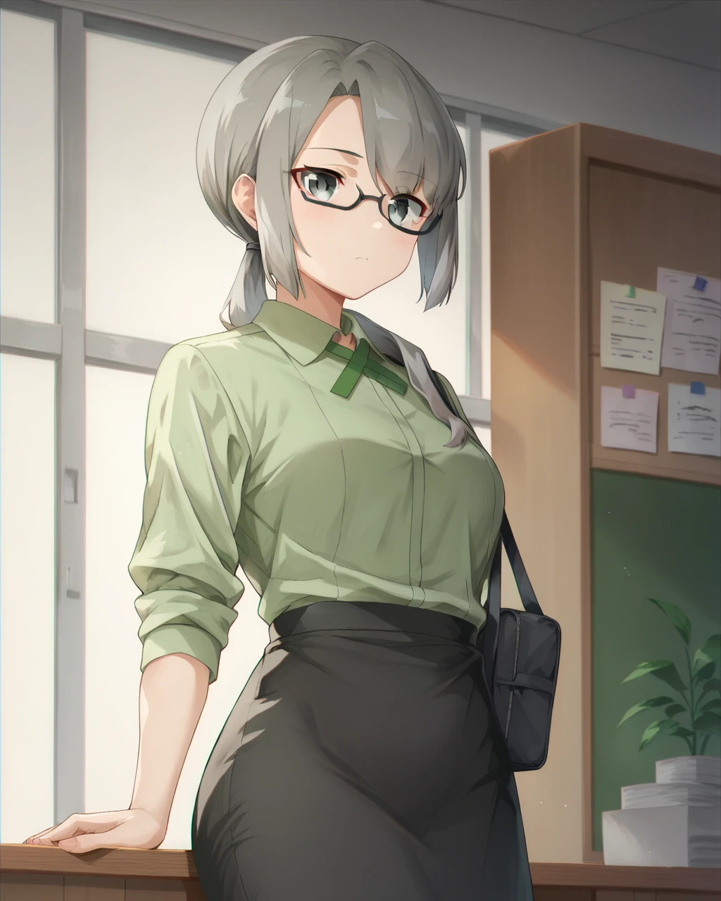 score_9, score_8_up, score_7_up,
<lora:Aki_teacher_PONY:1>,aki teacher, 1girl, solo,black glasses, grey eyes, long hair, grey hair, semi-rimless eyewear, under-rim eyewear, low ponytail, bangs,black skirt,long skirt,green shirt,