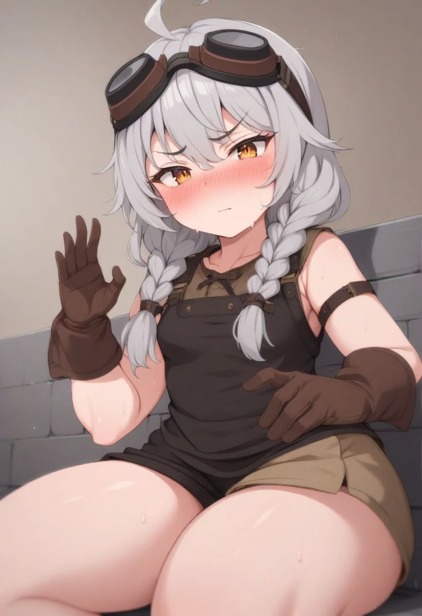 Wrenna_Ilias, 1girl, braid hard, gloves, solo, goggles_on_head, goggles, long_hair, sitting, shorts, grey_hair,  small breasts, twin_braids, sweat, brown_gloves, thighs, looking_at_viewer, random action, random expression, thick_thighs, very_long_hair, ahoge, blush, 50mm photograph, 8k, masterpiece, high detail.