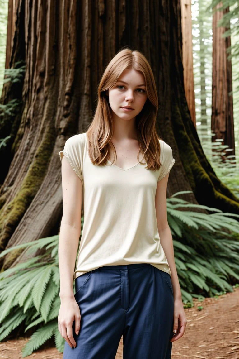 <lora:kawaii7.1.3_obj20:0.75:0.25>, European woman, closeup, sandals, (shirt), pants, (california redwoods), ZM_paraskevi, wide shoulders, perfect face, (contact iris: 1.1), pale skin, skin pores , depth of field