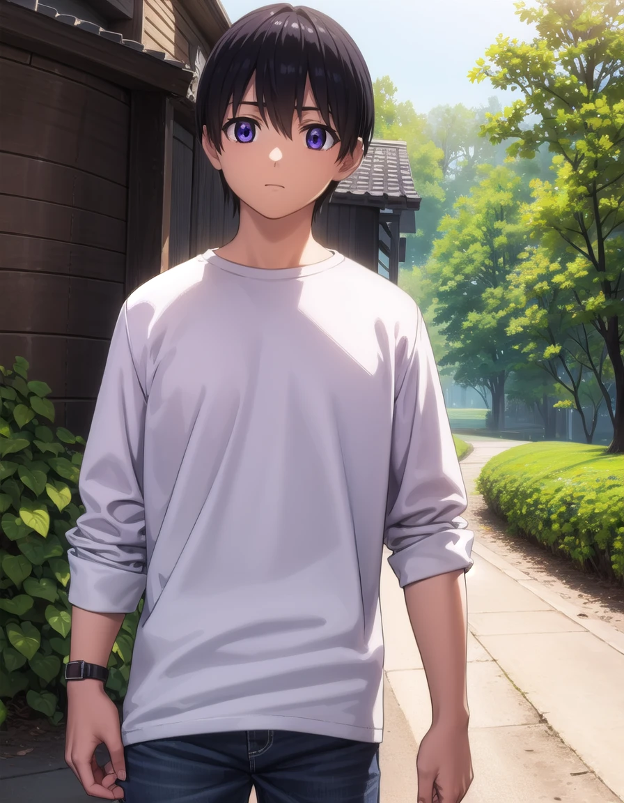 elfenliedkouta, <lora:elfen lied kouta s1-lora-nochekaiser:1>,
kouta, (purple eyes:1.1), black hair, male focus,
BREAK shirt, long sleeves, white shirt, short sleeves, open clothes, pants,
BREAK outdoors,
BREAK looking at viewer, (cowboy shot:1.5),
BREAK <lyco:GoodHands-beta2:1>, (masterpiece:1.2), best quality, high resolution, unity 8k wallpaper, (illustration:0.8), (beautiful detailed eyes:1.6), extremely detailed face, perfect lighting, extremely detailed CG, (perfect hands, perfect anatomy),