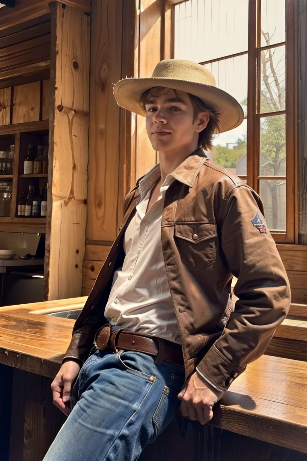 <lora:81E456A733:0.9> (Liam, twink), 19 years old, upper body shot, young cowboy, medium blonde hair, (old west saloon background, leaning against an old wooden bar), skin imperfections, skin pores, (side view, eyes glaring at the viewer), ((Stetson cowboy hat)), closeup of face, (film grain, ultra-detailed skin), cinematic, volumetric fog, smokey saloon, photorealistic detail