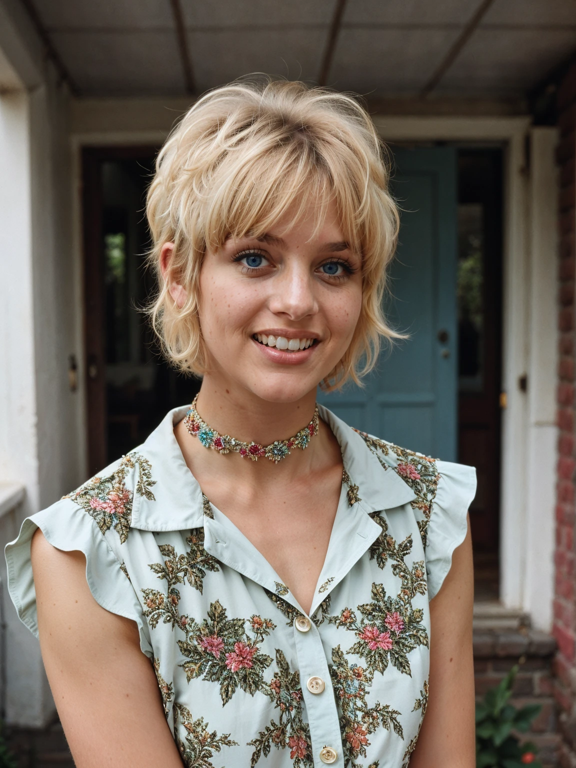 <lora:gjhawn.32:0.85>photograph, fashion editorial style. cinematic, gjhawn, a 20-year-old-woman with short-blonde-pixie-hair, (big-smile, laughing), in a (buttoned-blouse:1.2), sleeveless, retro 60s fashion, 60s color palette, 1960s style, 35mm photograph, film, bokeh, professional, 4k, highly detailed, casual-clothing, (bold-psychedelic-mod-print-clothing), trendy, stylish, editorial, magazine style, professional, highly detailed, (indoors)