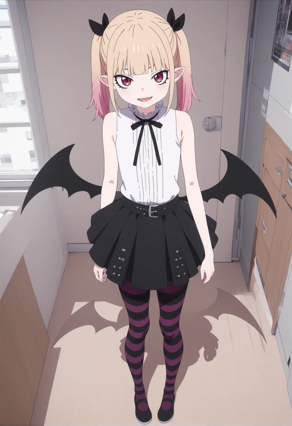 (masterpiece,  ultra-detailed,hi-res,8K), 1 girl ,solo,indoor,look at viewer,   <lora:SDXL_Vanilla_Peschutz_v2:0.8>Vanilla_Peschutz,white shirt,sharp teeth, smile,full body,