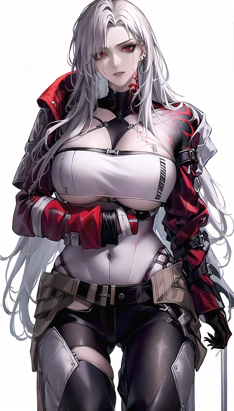 outfit-asymmetrical clothes, arm tattoo,shoulder armor,red jacket,
lady,mature female, cowboy shot,
(white background, simple background:1.18),
highres,official art,original,masterpiece,best quality,
(huge breasts),
<lora:NINETY-NINE3:0.8>